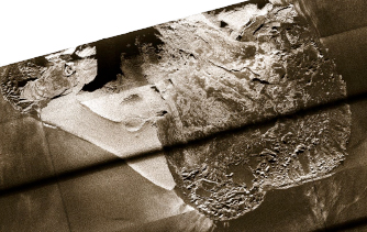 This dramatic sidescan image mosaic shows an underwater landslide with material flowing from higher elevations on the upper left to flat terrain below. The feature is about a mile across and lies at a depth of about 18,000 feet.