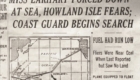 Front page of The New York Times, July 3, 1937 – Map and headline “Miss Earhart Forced Down At Sea, Howland Isle Fears; Coast Guard Begins Search” – Long